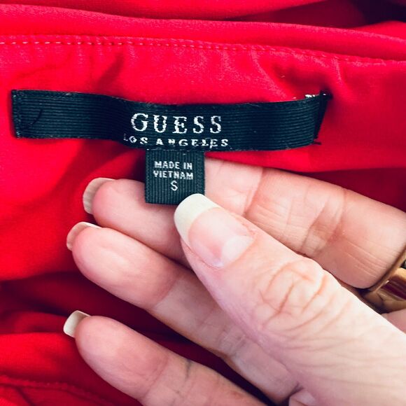 Guess Sexy Deep Red Ruched Draped Off-Shoulder Cross Back Bodycon Mini Dress S - Picture 9 of 14